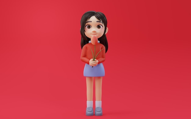 漫画スタイルの 3 d レンダリングで彼女の手で花を保持している少女