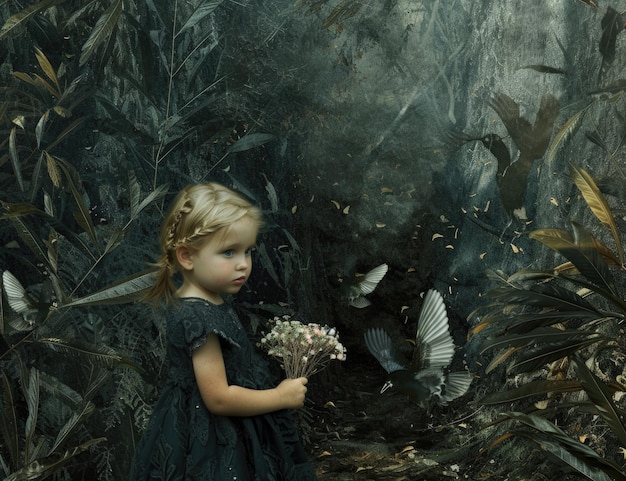 a little girl holding flowers in her hands in the forest