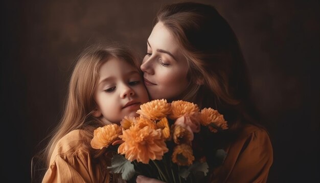 Little girl holding flowers hugging her mother and celebrating mother's day Generative AI