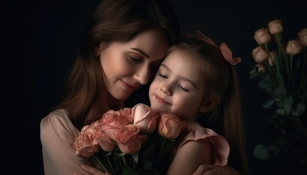 꽃을 들고 어머니를 안고 어머니의 날을 축하하는 어린 소녀 Generative AI