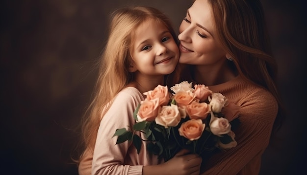 Little girl holding flowers hugging her mother and celebrating mother's day Generative AI