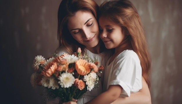 Little girl holding flowers hugging her mother and celebrating mother's day Generative AI