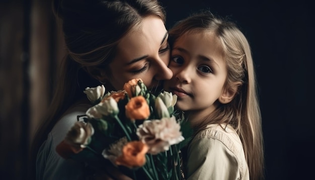 Little girl holding flowers hugging her mother and celebrating mother's day Generative AI