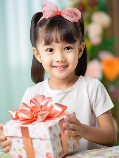 Photo a little girl holding a gift with a bow on it