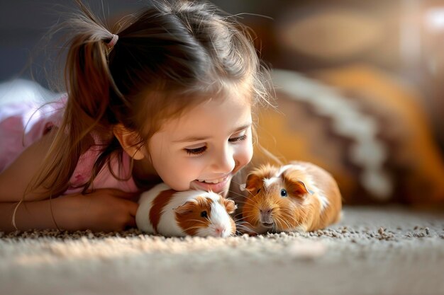 Foto ragazzina che tiene un porcellino d'india sul letto