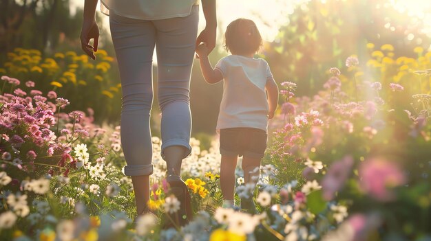 写真 茂った緑の花畑で母親と手をつないでいる小さな女の子