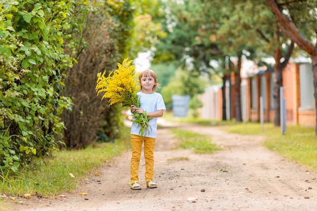 .Little girl holding a huge bouquet of yellow autumn flowers in the field. Golden autumn, Indian summer, warm sunny weather in the countryside