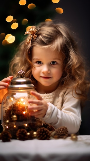 A little girl holding a jar with pine cones ai