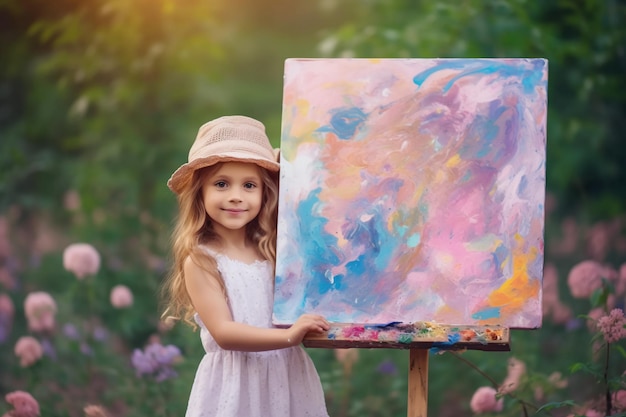 Little girl holding a painting on a canvas