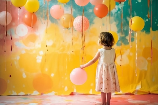 A little girl holding a pink balloon in front of a wall of balloons.