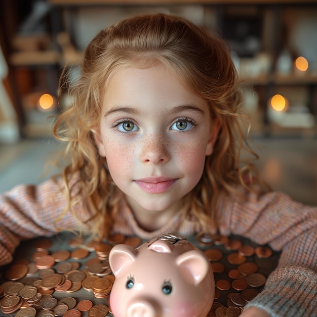 Photo little girl holding pink piggy bank with pigtails closeup portrait smiling child