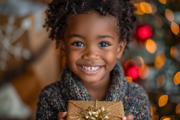 クリスマスツリーにプレゼントを持った小さな女の子