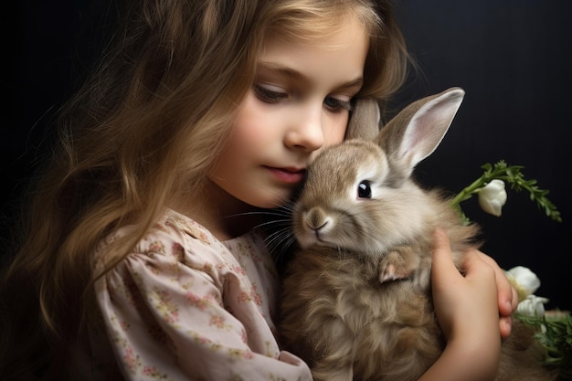 A little girl holding a rabbit in her arms