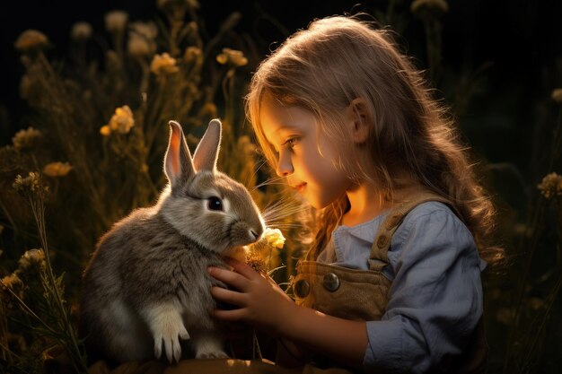 A little girl holding a rabbit in her hands