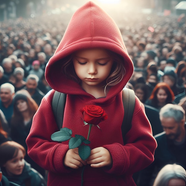 Little girl holding a rose flower in the middle of crowd