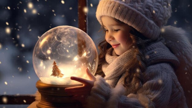 A little girl holding a snow globe