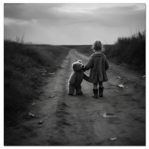 A little girl holding a teddy bear and walking down a dirt road.