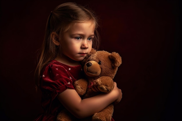 A little girl holding a teddy bear with a red dress on