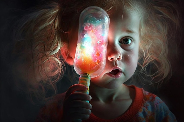 Маленькая девочка держит игрушку с радужным светом.