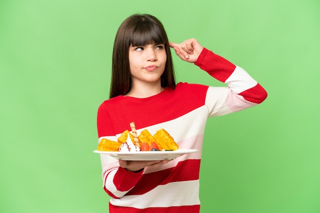 Little girl holding waffles over isolated chroma key background having doubts and thinking