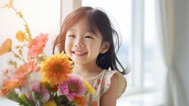 写真 小さな女の子が手に花束を握っている