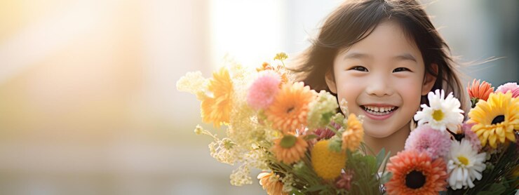 小さな女の子が手に花束を握っている