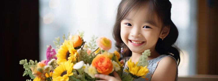 小さな女の子が手に花束を握っている