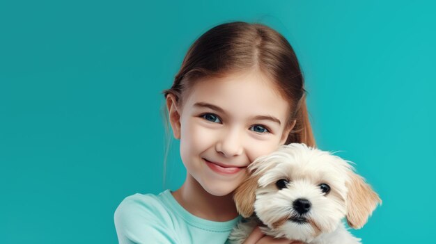 Little girl holds a dog puppy in his arms on blue background