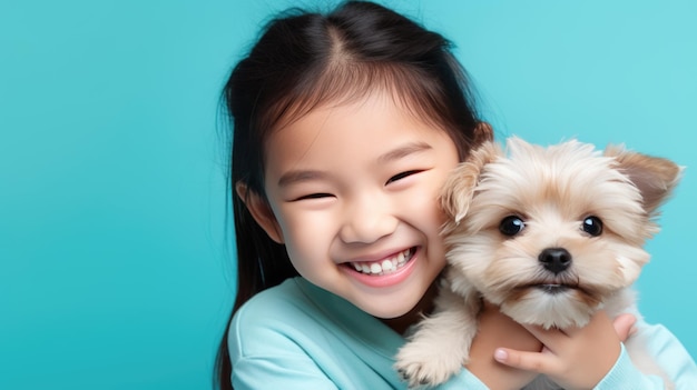 작은 소녀는 파란색 배경에 그의 팔에 개 강아지를 들고 있다