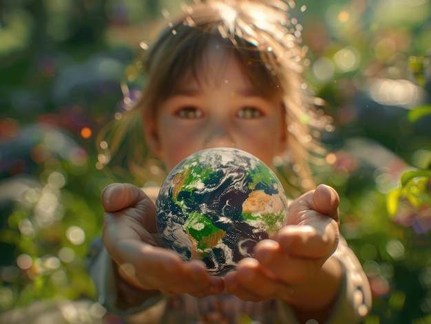 The little girl holds the Earth in her hand