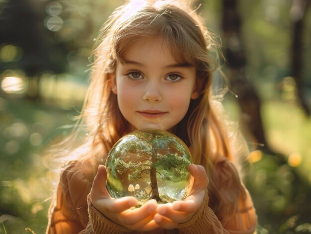 The little girl holds the Earth in her hand