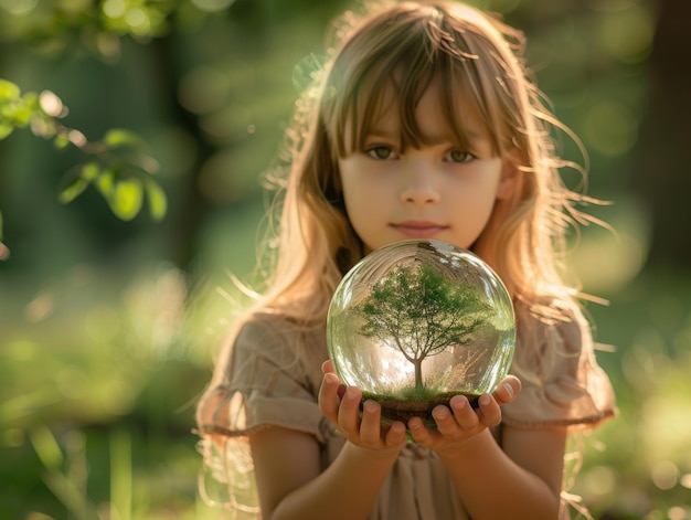 The little girl holds the Earth in her hand