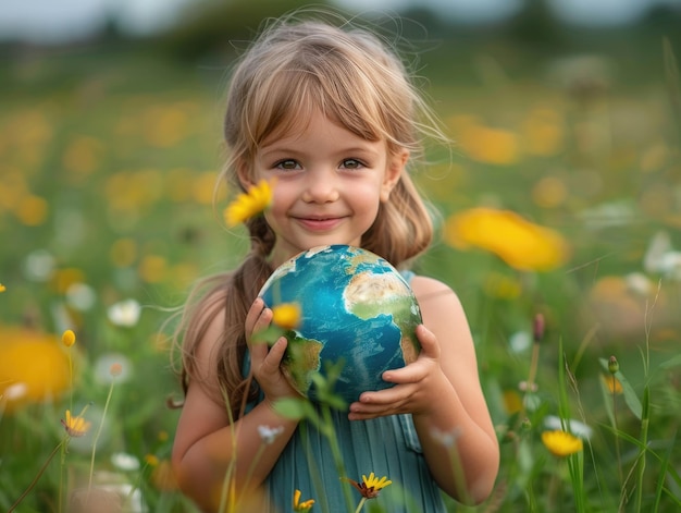 작은 소녀는 지구를 손에 들고 있습니다.