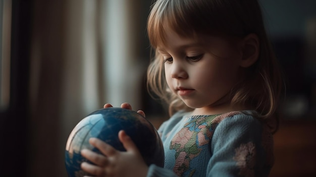 A little girl holds a globe in her hands.