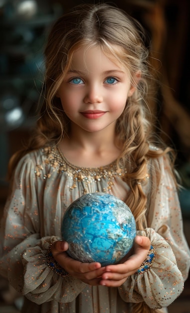 Little girl holds large Christmas ball in her hands