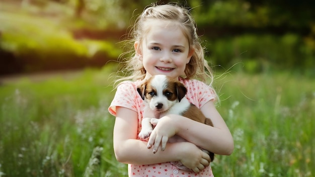 Little girl holds a puppy on her arms