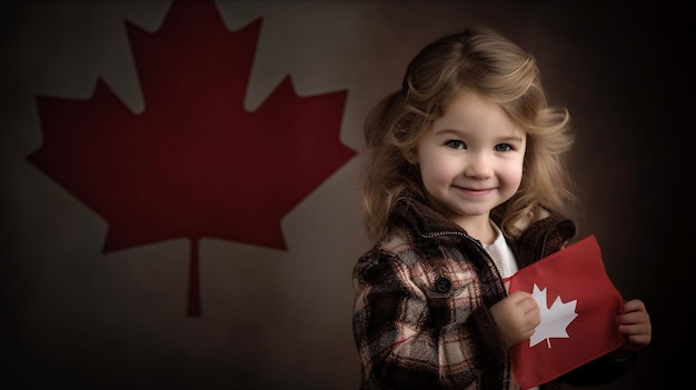 A little girl holds a red maple leaf in front of a canadian flag.