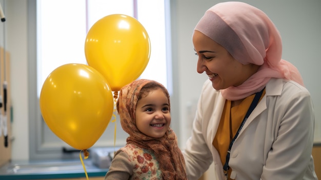 A little girl in the hospital with yellow balloons Created with Generative AI technology