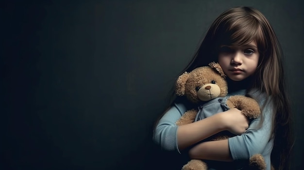 Photo little girl hug her doll and cry or scare or sad or feel bad