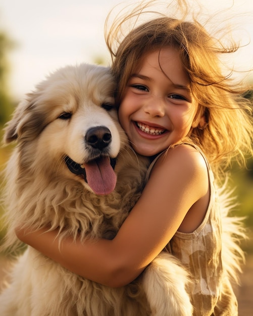 Little girl hugging her dog and smiling in a field