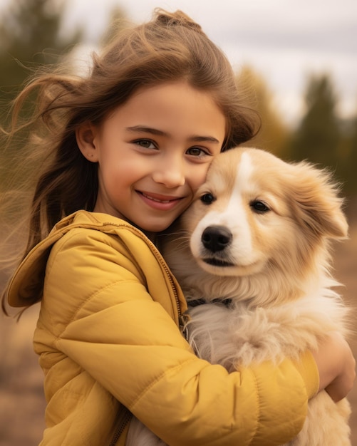 Little girl hugging her dog and smiling in a field