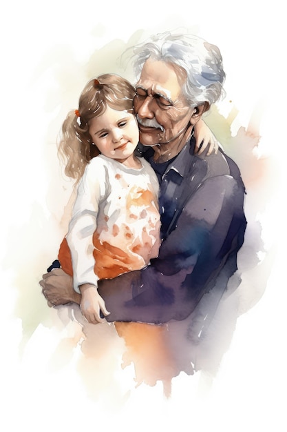 Little girl hugging her grandfather on grandparents day Watercolor illustration Ai generated