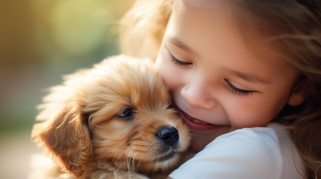 Photo a little girl hugging a puppy ai