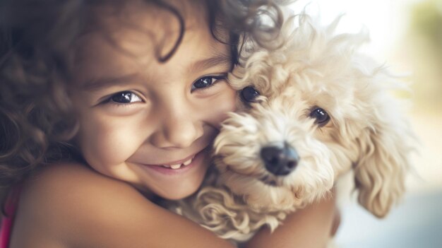 Photo a little girl hugging a white dog with curly hair ai