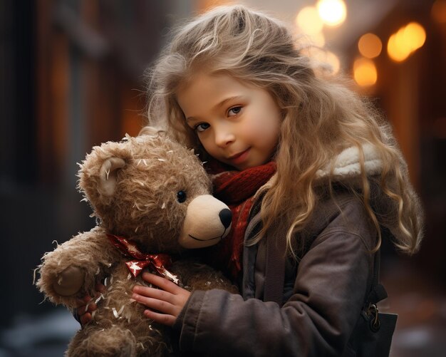 A little girl hugs the bear that was given to her