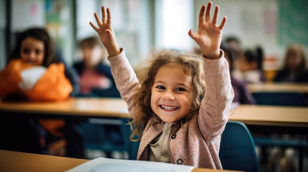 写真 小さな女の子が教室で手を挙げている 創造的な人工知能