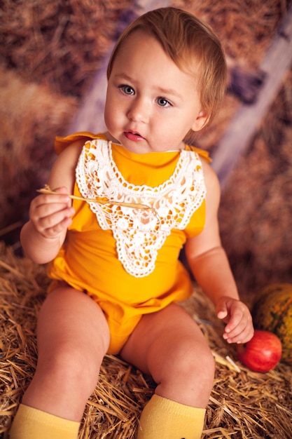 写真 村の少女は野菜から収穫した干し草に座っています