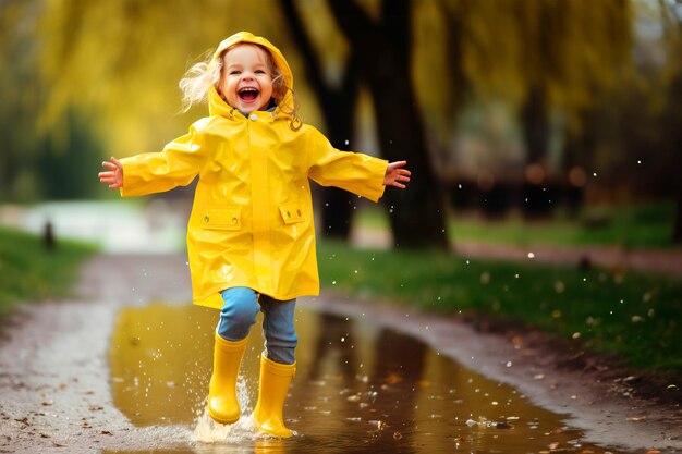 写真 黄色いレインコートとゴム製のブーツを履いた小さな女の子が春や秋の池に飛び込み楽しんでいます