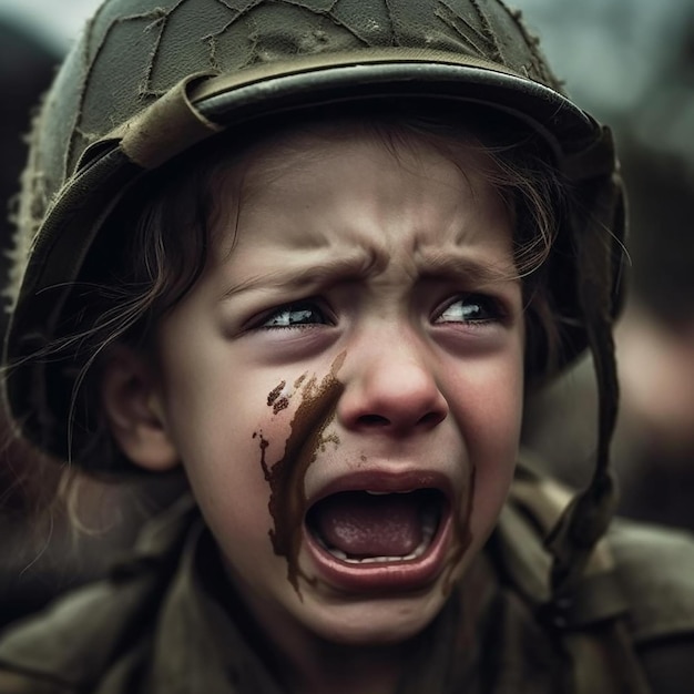 Little girl is afraid of war girl is crying child is scared and upset concept is not war peace