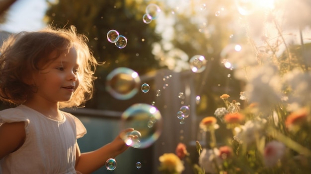 Маленькая девочка дует пузырьки в воздухе.